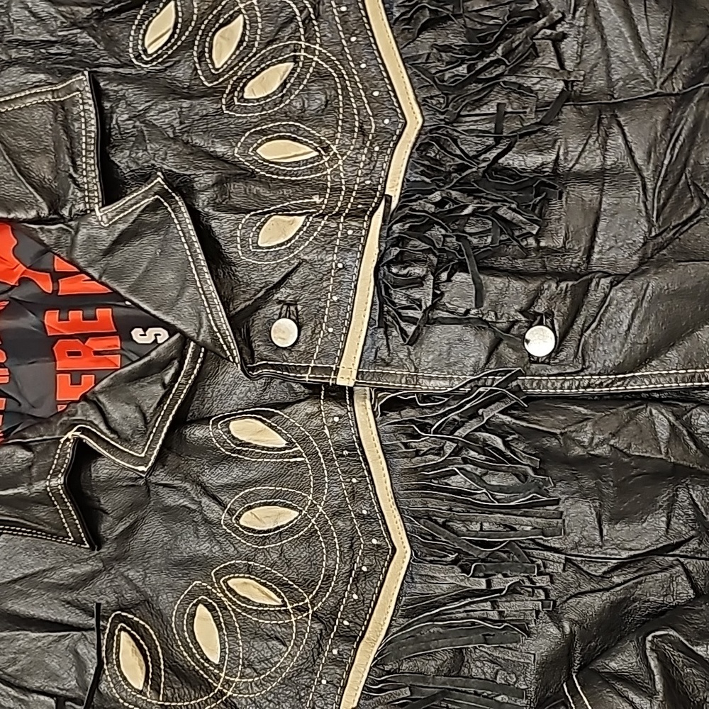 Michael Hoban coat vintage 100% leather black fringed biker style sz Large - Picture 8 of 11